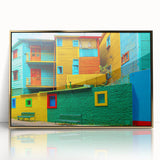 Framed acrylic print of a mid-century modernist Buenos Aires cityscape in muted gold and blue tones.