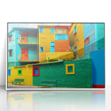 Art deco poster of Buenos Aires skyline in muted blue and white, acrylic framed, ideal for modern nursery wall art.