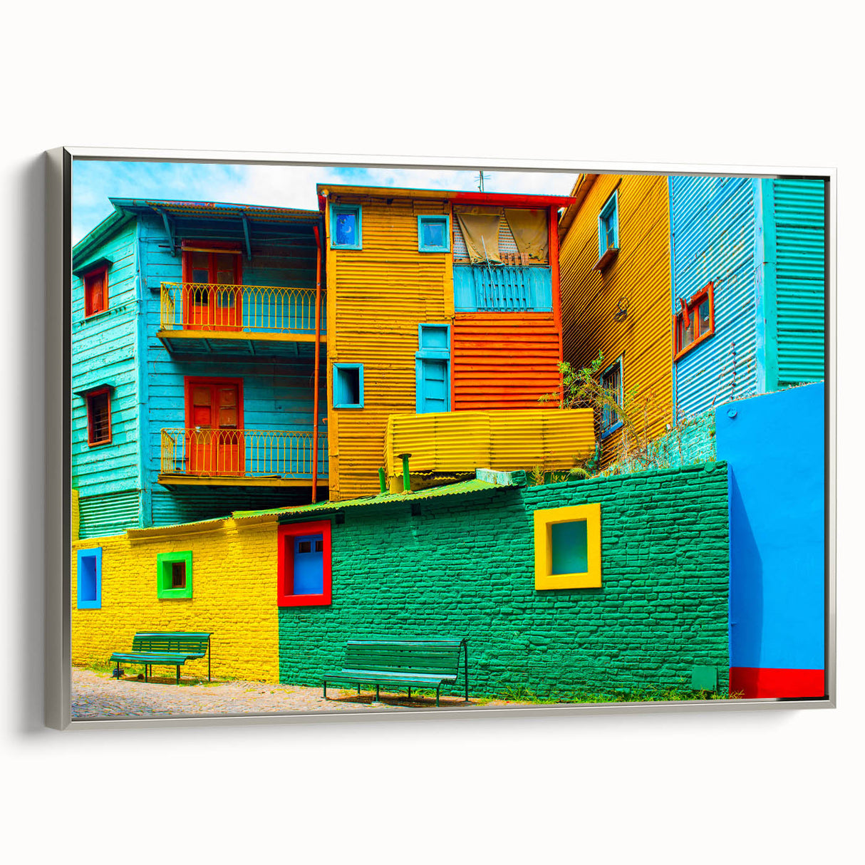 Landscape art painting of Buenos Aires featuring colorful skyline on black, framed canvas, ideal for living room decor.