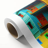 Art Deco poster featuring Buenos Aires skyline in muted gold and blue tones on rolled canvas, ideal for nursery wall art.