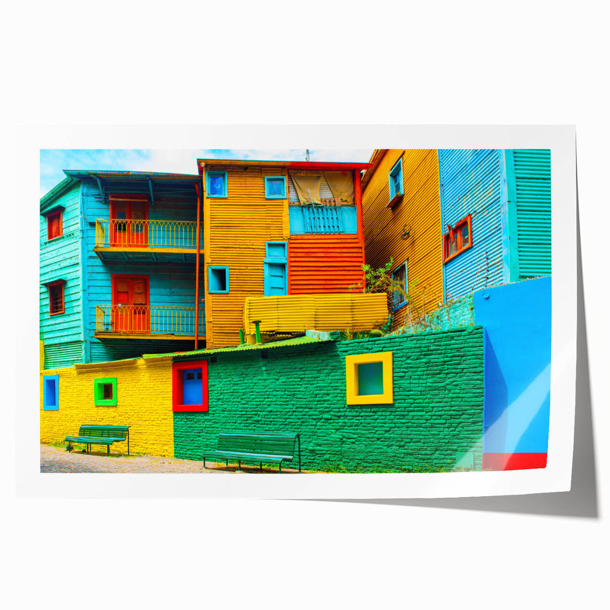 Extra large rolled print of a vibrant Buenos Aires cityscape with floral elements, ideal for dining room wall art.