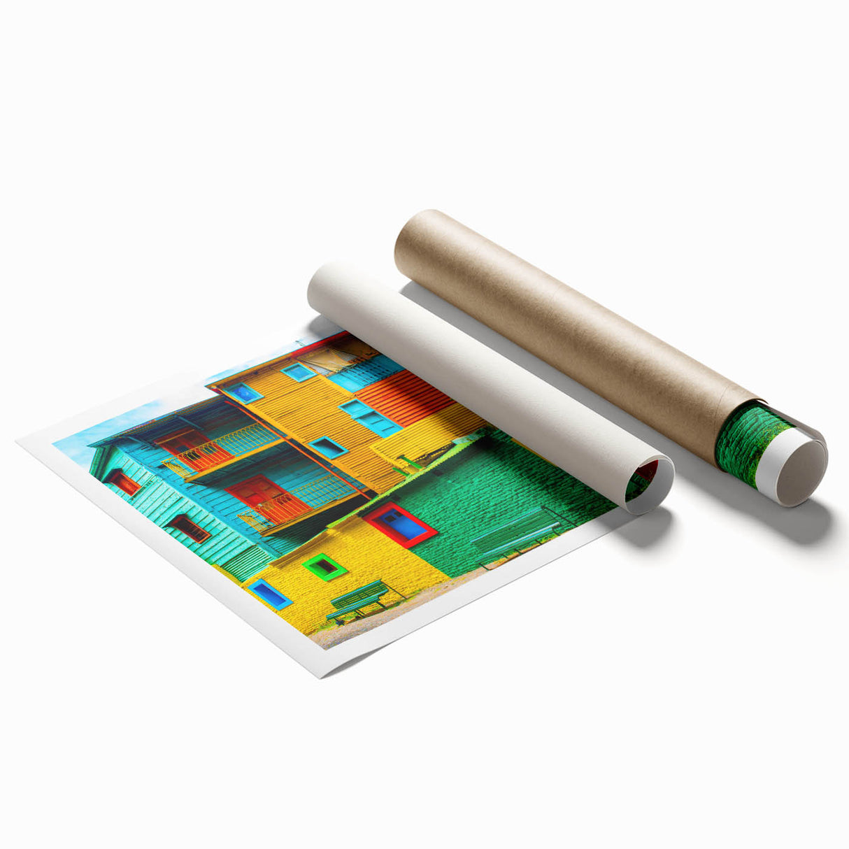 Extra large rolled print of vibrant Buenos Aires scenery with floral elements, ideal for classy bathroom wall art.