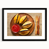 Colorful abstract art print of a Bolivian landscape, in a black frame with mat, ideal for living room decor.