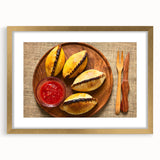 Extra large abstract art print of a Bolivian landscape in textured shades of blue and green on a gold-framed canvas.