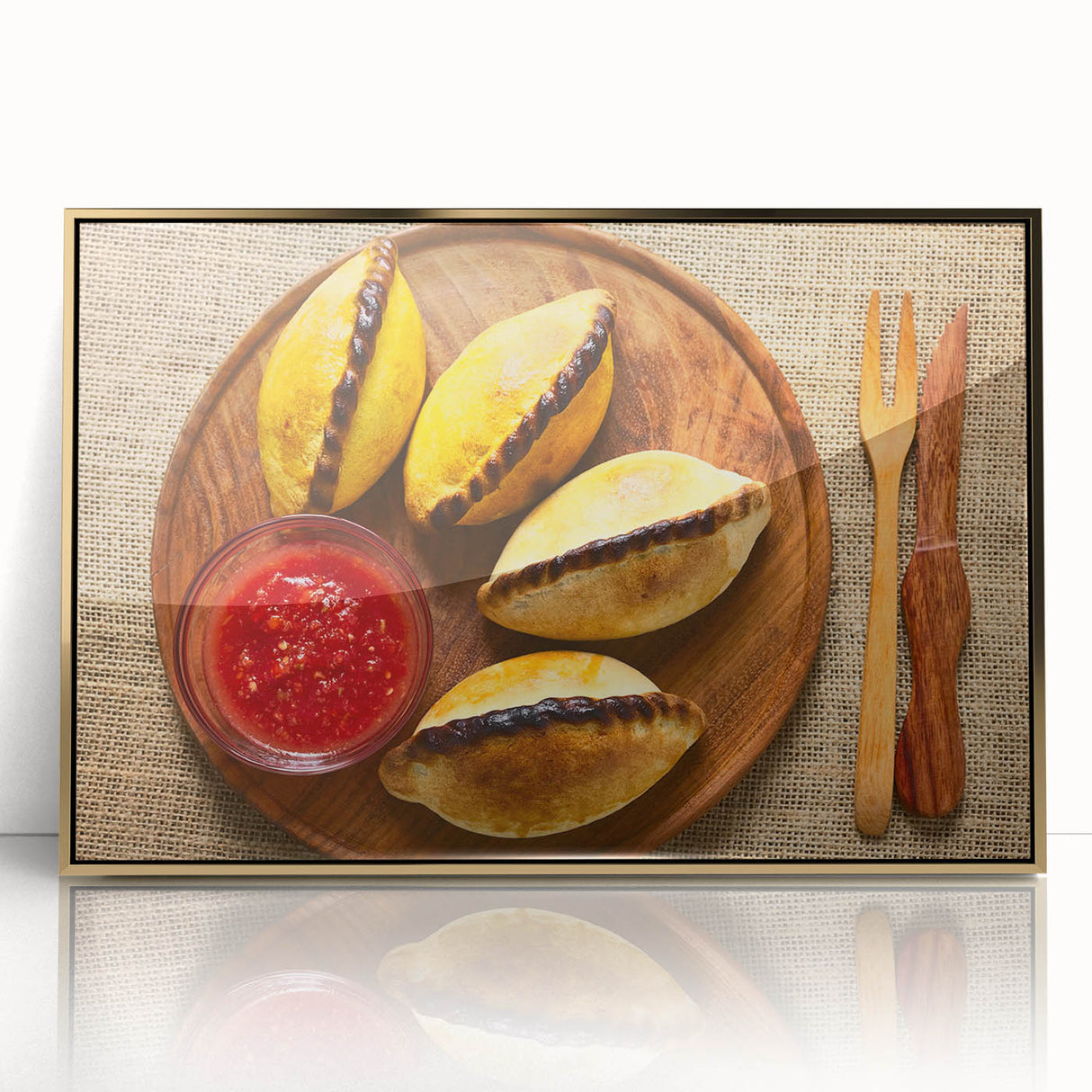Acrylic print of a Bolivian landscape in mid-century modernist style with muted earth tones, framed in gold.