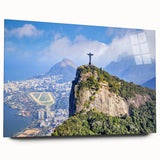 Large abstract depiction of a Brazilian landscape in vibrant greens and blues on acrylic glass.