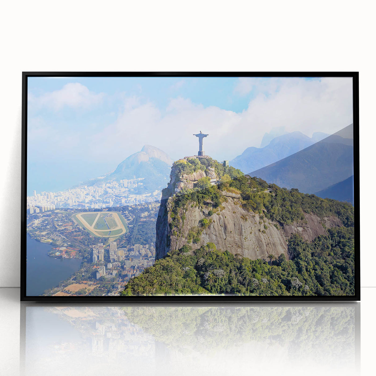Large abstract wall art depicting a stylized Brazilian landscape in vibrant colors, framed in black acrylic.