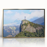 Large art print of a mid-century modernist Brazilian landscape in muted gold and green tones, acrylic framed.