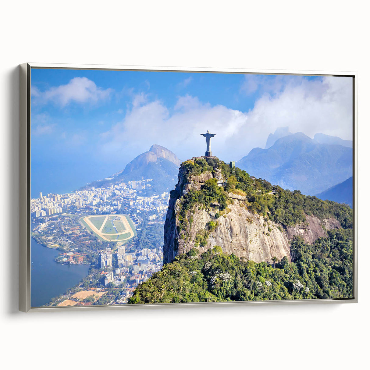 Landscape art painting of a Brazilian scene on framed canvas, featuring vibrant colors on a black background.