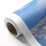 Art deco poster of a Brazilian landscape on rolled canvas, featuring muted green and yellow tones.