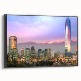 Black and white framed canvas of Santiago, Chile landscape in a vintage poster style, ideal for bedroom decor.