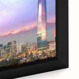 Extra large framed canvas of Santiago skyline in black with colorful, textured accents, suitable for living room decor.