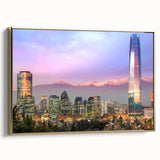 Framed canvas of Santiago, Chile landscape in vintage poster style with gold frame, ideal for bedroom wall art.