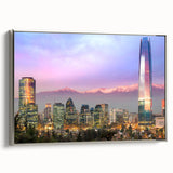 Framed canvas landscape art painting depicting the colorful Santiago skyline, ideal for enhancing a modern living room decor.