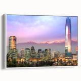 Vintage poster art of Santiago skyline in vibrant colors on a large framed canvas, suitable for living room decor.
