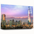 Acrylic print of Santiago skyline in muted earth tones, ideal for dining room decor.