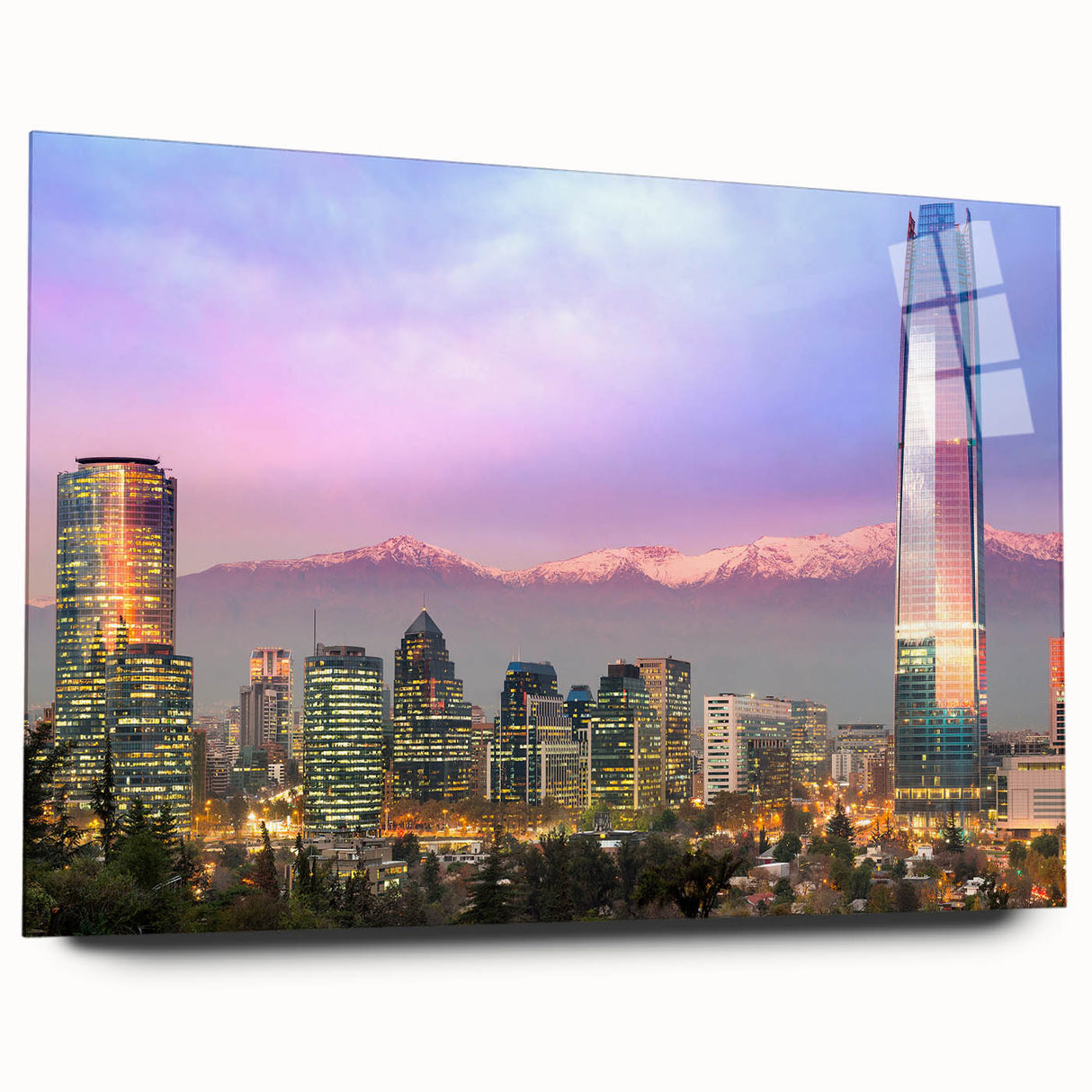 Large abstract wall art of Santiago, Chile in muted earth tones on acrylic glass, ideal for bedroom or dining room decor.