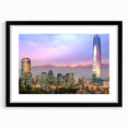 Extra large abstract art print featuring a colorful, textured depiction of Santiago, Chile, on a framed black mat.
