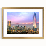 Extra large abstract art print of Santiago skyline in textured gold frame, ideal for living room decor.
