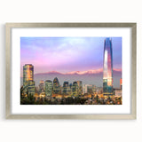 Textured abstract art print of Santiago skyline in muted earth tones on a framed canvas, suitable for bedroom decor.