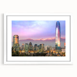 Abstract art print of Santiago skyline in muted earth tones on a white framed canvas, ideal for dining room decor.