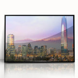 Large abstract wall art depicting the Santiago skyline in muted earth tones on a framed acrylic print.