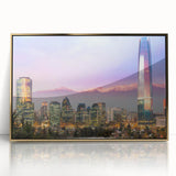 Framed acrylic print of Santiago, Chile skyline in muted earth tones, suitable for modern art wall decor.