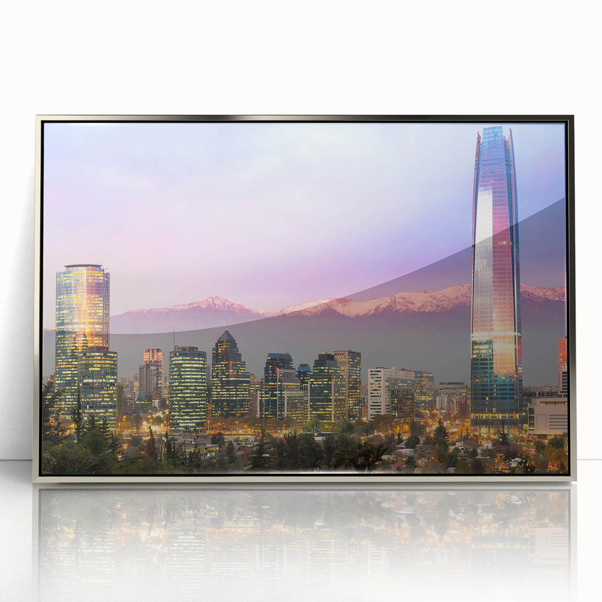 Mid-century modernist art of Santiago skyline in muted earth tones on a silver-framed acrylic print.