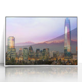 Art deco poster of Santiago, Chile skyline in muted gray and blue tones on framed acrylic, ideal for modern art wall decor.