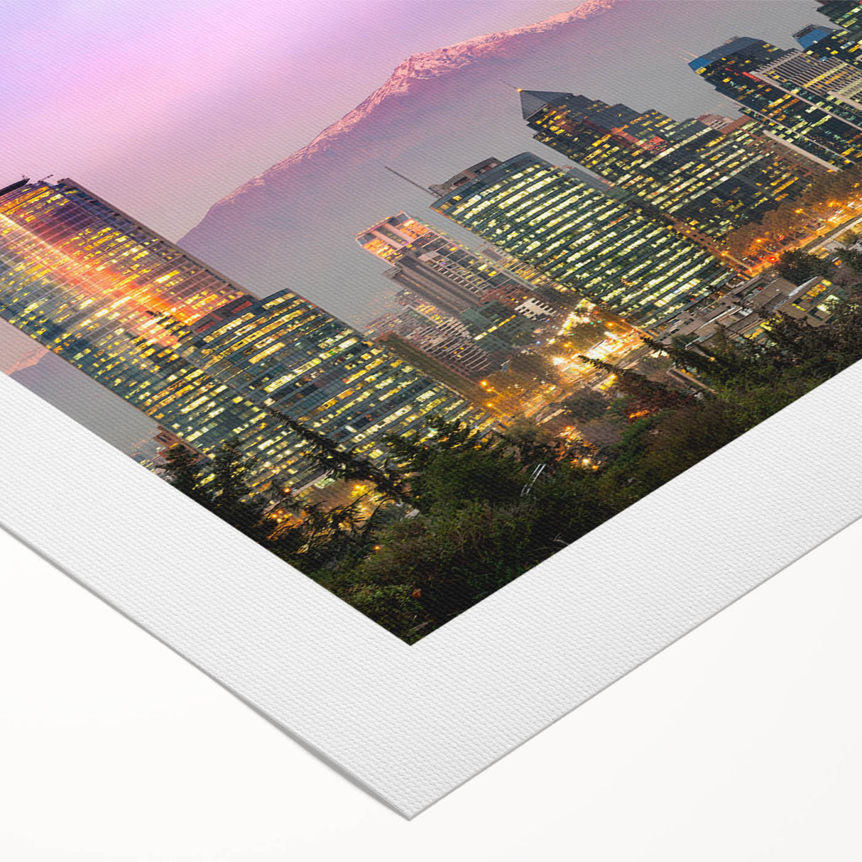 Art deco poster of Santiago skyline in muted gold and blue tones on rolled canvas, suitable for dining room wall art.