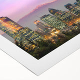 Art deco poster of Santiago skyline in muted gold and blue tones on rolled canvas, suitable for dining room wall art.