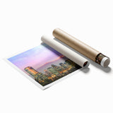 Extra large rolled print of Santiago, Chile skyline with muted earth tones, ideal for classy bathroom wall art.