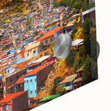 Large abstract wall art of a Chilean landscape in muted earth tones on acrylic glass, suitable for dining room ambiance.