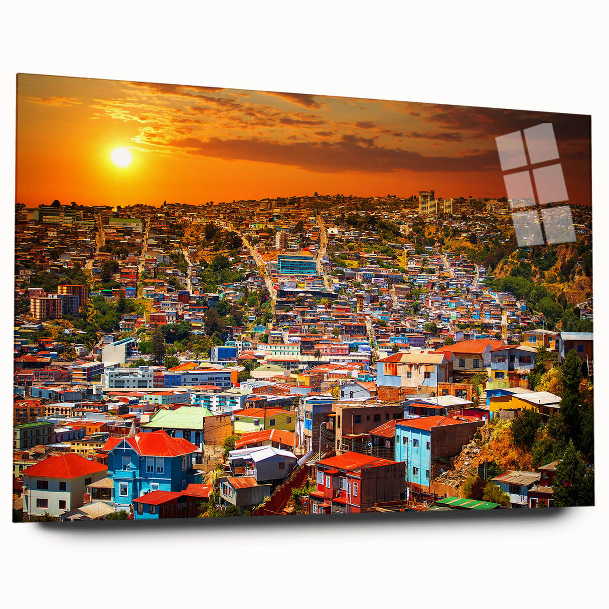Large abstract wall art featuring a serene Chilean landscape in muted earth tones on acrylic glass.