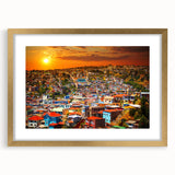 Extra large abstract art print of Chilean scenery in textured gold frame, ideal for living room decor.