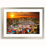 Textured abstract art print of a Chilean landscape in muted earth tones, framed in silver, ideal for bedroom art.