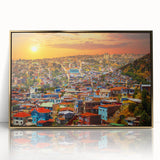 Acrylic print of a Chilean landscape in gold frame, featuring mid-century modernist style, ideal for modern art wall decor.