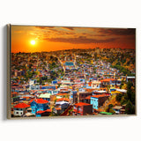 Framed canvas wall art featuring a vintage landscape painting of a Chilean scenery in muted gold and black tones.