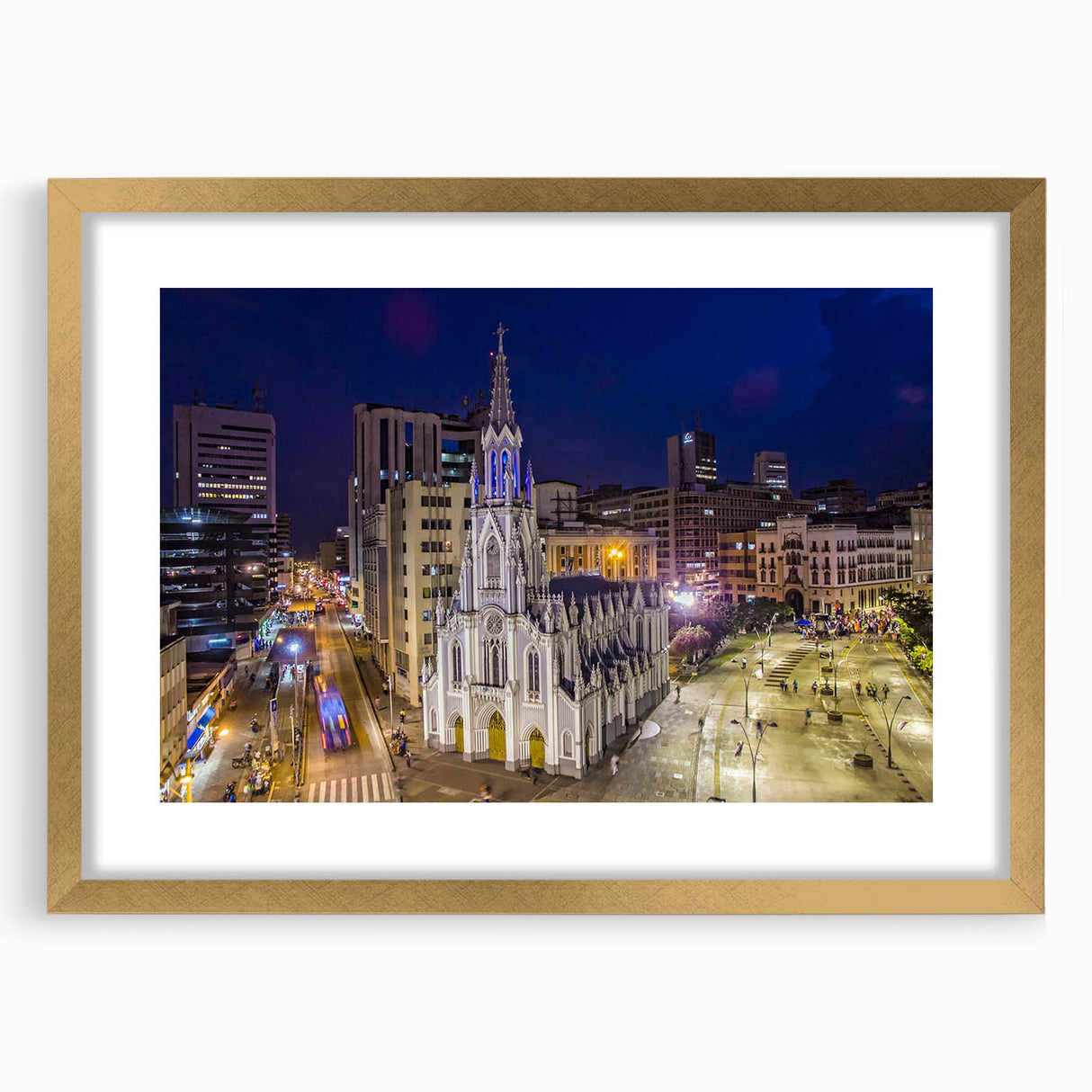 Extra large abstract art print of a textured Colombian landscape in muted earth tones, framed in gold.