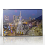 Art deco poster featuring a scenic view of a Colombian landscape, rendered in soft pastel shades on a white framed acrylic.