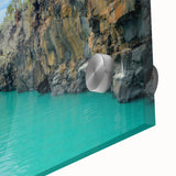 Acrylic print of a large abstract wall art featuring Galapagos scenery in mid-century modernist style.