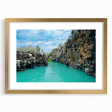 Extra large abstract art print depicting a textured Galapagos scenery in muted earth tones, framed in gold.