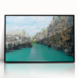 Large abstract wall art depicting Galapagos scenery in vibrant colors on a black framed acrylic, suitable for modern decor.