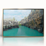 Framed acrylic print of Galapagos scenery in mid-century modernist style, featuring vivid blue and green tones.