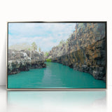 Mid-century modernist art depicting Galapagos scenery in acrylic with silver frame, ideal for modern art wall decor.