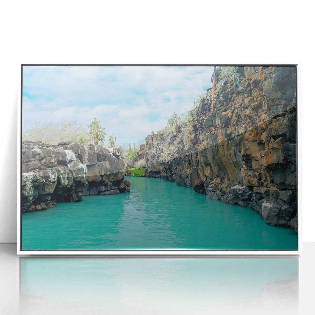 Art deco poster of Galapagos scenery in muted blue and green tones on white framed acrylic.