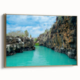 Framed canvas wall art featuring a vintage-style landscape painting of the Galápagos Islands in Ecuador.