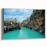 Landscape art painting of the Galapagos Islands with vibrant colors on a framed canvas, suitable for living room decor.