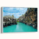 Vintage poster art of the Galapagos scenery on a framed canvas, featuring vibrant colors, ideal for living room decor.