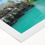 Art deco poster of Galapagos scenery with rich blue and green tones on rolled canvas, suitable for dining room wall art.